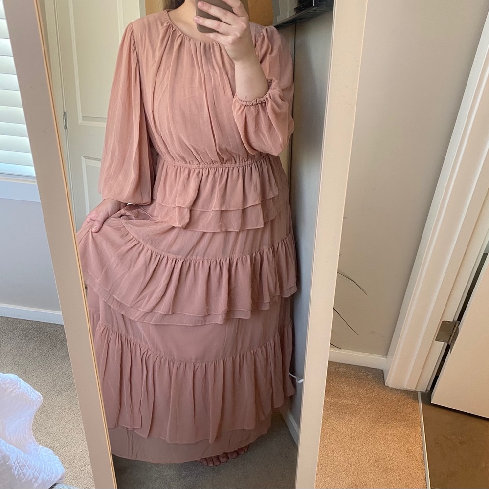 Women's Dusty Rose Tiered Long Sleeve Maxi Dress